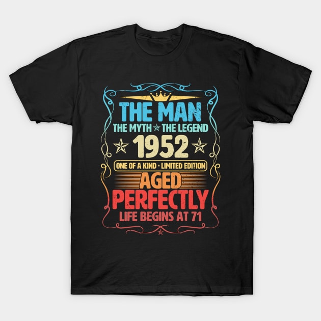 The Man 1952 Aged Perfectly Life Begins At 71st Birthday T-Shirt by Foshaylavona.Artwork